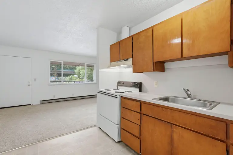 Kitchen with wood cabinets, sink and electric range, open to the living room